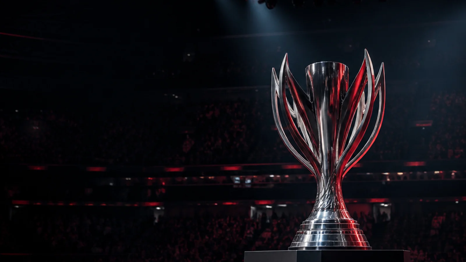 Illustrative esports arena and championship trophy created for BL4NK Dispatch; not a photograph of a specific tournament.