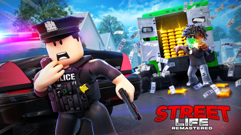 Street Life Remastered artwork showing a police officer and a player holding cash.